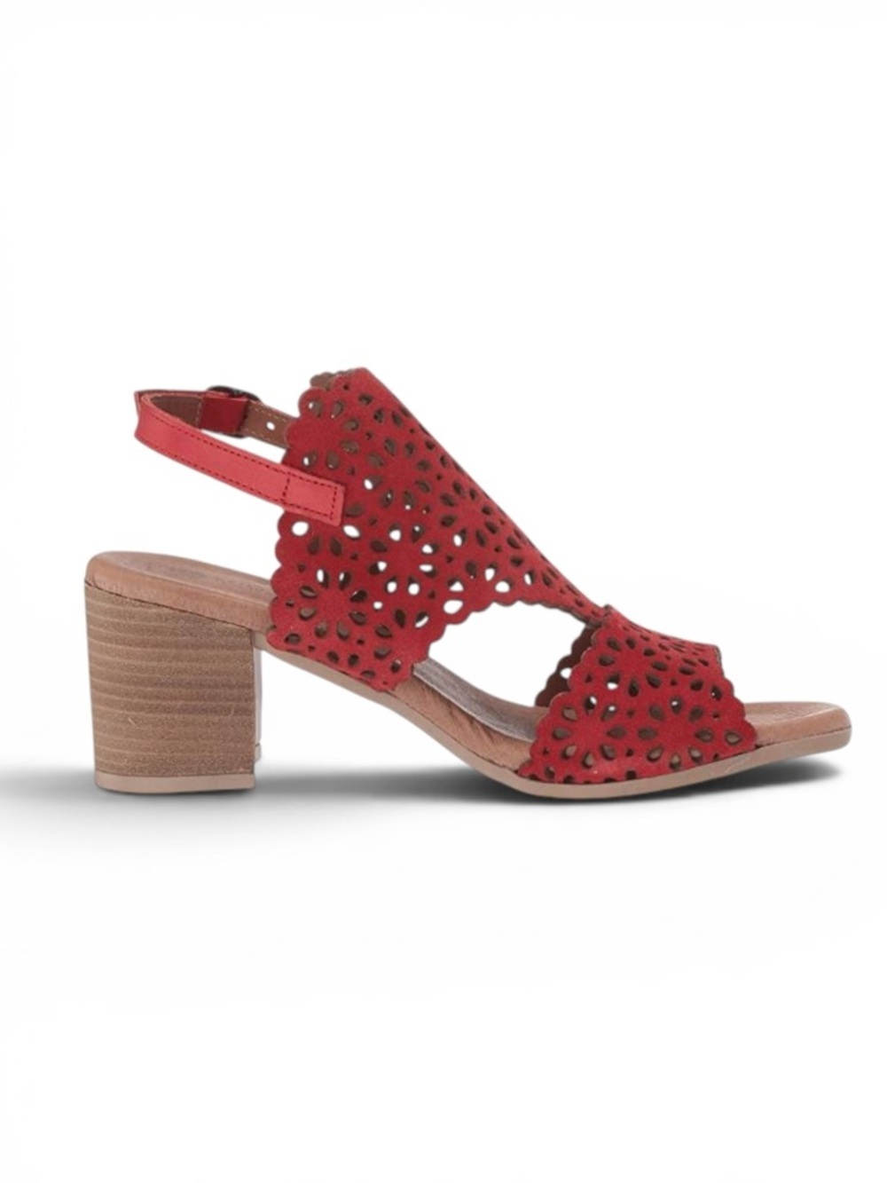 ERIC MICHAEL DELLIAH RED FLORAL LASERCUT LATTICE SLINGBACK BLOCK HEEL SANDALS